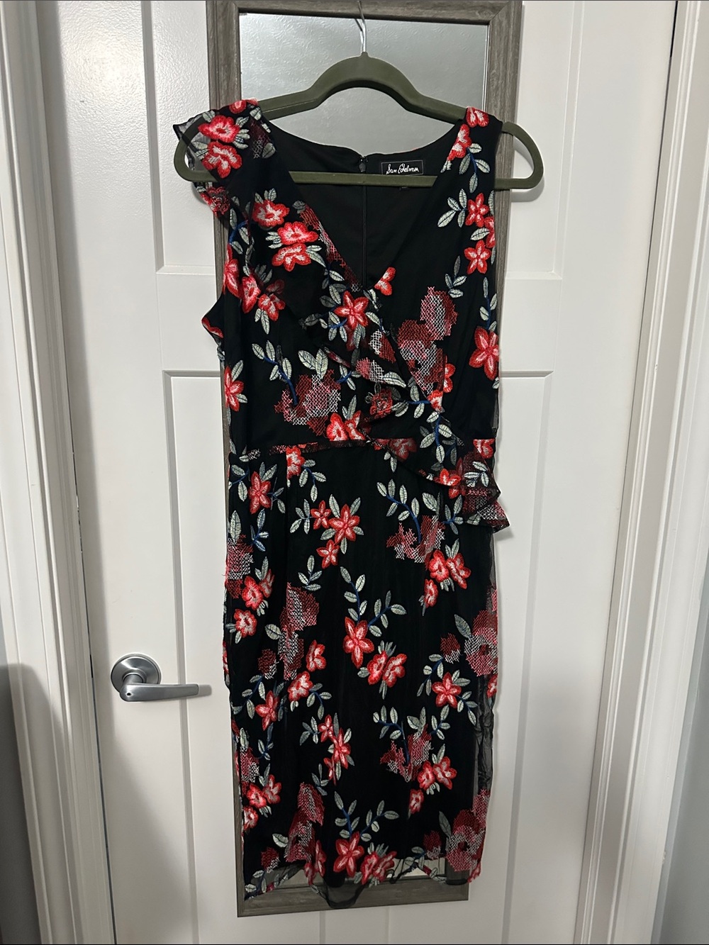 Sam Edelman Black Midi Dress with Red Floral Embroidery size 10